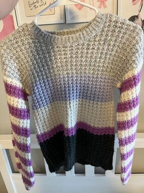Cat & Jack Striped Waffle-Knit Sweater in Cream, Lavender & Black a Large 10-12